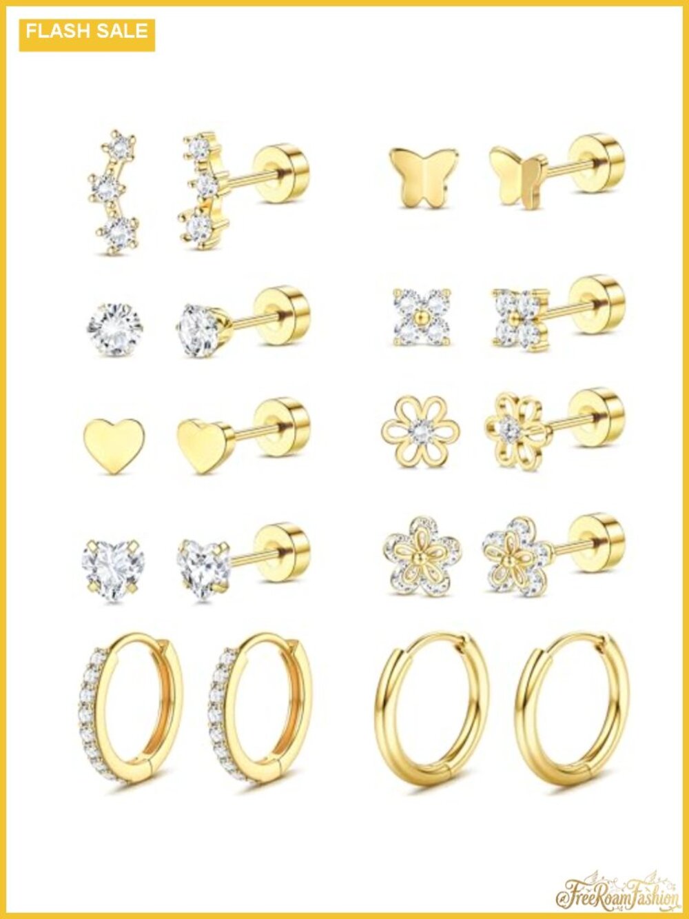14K Gold Plated Flat Back Stud Earrings Set Hypoallergenic